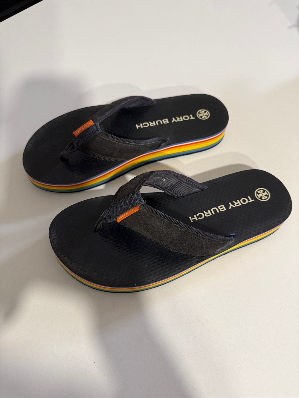 Tory Burch Black Flip Flops with Rainbow Layered Sole